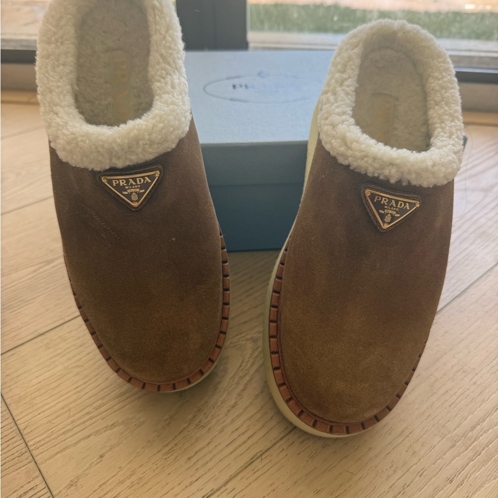 Authentic Prada Brown Suede Shearling-Lined Slippers